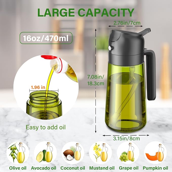 Vakoo Oil Sprayer for Cooking, 2 in 1 Oil Dispenser for Kitchen, 16oz/470ml Light-Blocking Dark Glass Olive Oil Spray Bottle, Air Fryer, Salad & BBQ (Black&Black)