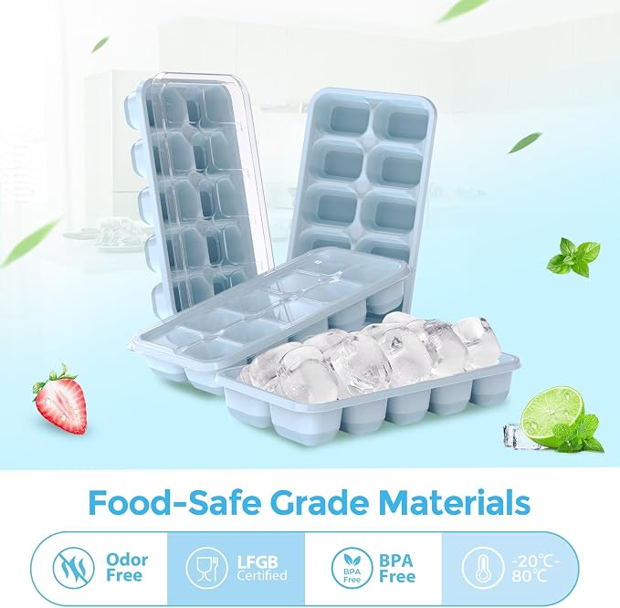 DOQAUS Ice Cube Tray with Lids - 4 Pack Stackable Silicone Ice Trays for Freezer, BPA & LFGB Safe, Easy Release for Kitchen, RV, Cocktail, Coffee, Soup & Food