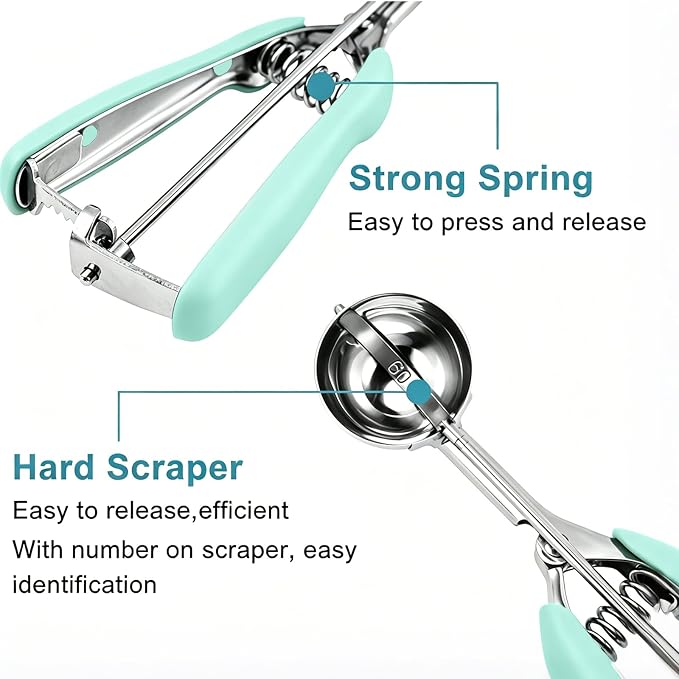 HOMURE H Cookie Scoop Set, Include 1 Tbsp/2 Tbsp/3 Tbsp, Cookie Dough Scoop, Cookie Scoops for Baking Set of 3, Mellon Baller Scoop, Mint Handle, Non-Slip, For Cookies Cupcake Muffin Ice Cream waffle