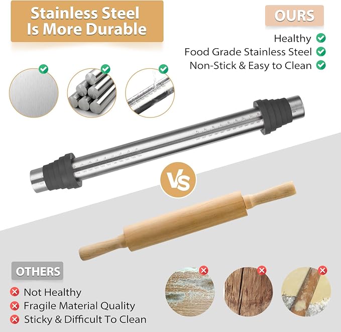 Adjustable Rolling Pin with Thickness Rings for Baking -Non Stick Stainless Steel Dough Roller Pin with Bands for Cookie,Wood,Wooden and Bread (Grey, 17.5'')
