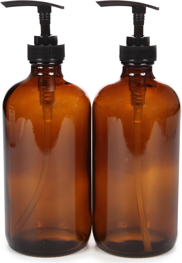 Vivaplex Large 16 oz Amber Glass Bottles with Black Lotion Pumps - 2 pk