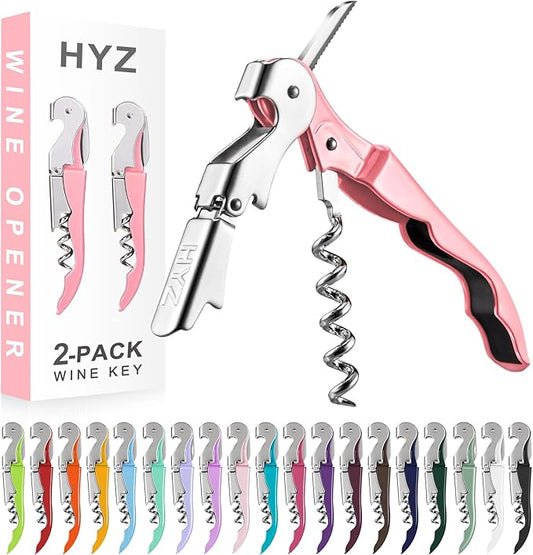 HYZ 2-Pack Wine Opener Waiter Corkscrew, Professional Wine Key for Servers, Bartender with Foil Cutter, Manual Wine Bottle Opener Double Hinged (Pink Mesa)