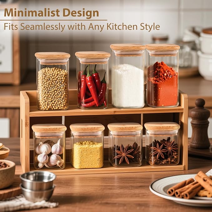 12 Pack 10 oz Square Glass Spice Jars with Lids and Labels – Airtight Small Spice Containers Set, Clear Glass Storage Jars for Seasoning, Spices, Kitchen Pantry Organization