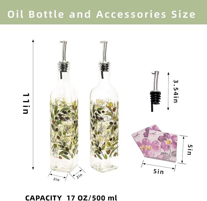 Topadorn 2-Pack Glass Olive Oil Dispenser Bottles – 17oz Cruet Set with Stainless Steel Spout, Leak-Resistant Oil & Vinegar Pourer, Food-Safe Kitchen Storage Set