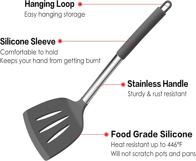 LIANYU 15-Piece Cooking Kitchen Utensils Set with Holder, Silicone Kitchen Tools Stainless Steel Handle, Slotted Spatula Spoon Turner Tong Whisk Brush for Cooking, Gray
