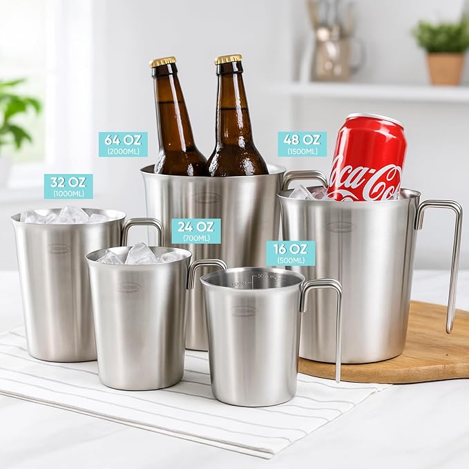 Newness 5-Pack Stainless Steel Measuring Cups Set, Metal Measuring Cup | (3 Marking, Cup/ML/Oz Scale)(2, 3, 4, 6 & 8 Cup) Metal Measuring Cup with Handle For Prepping, Baking and Cooking, Dishwasher