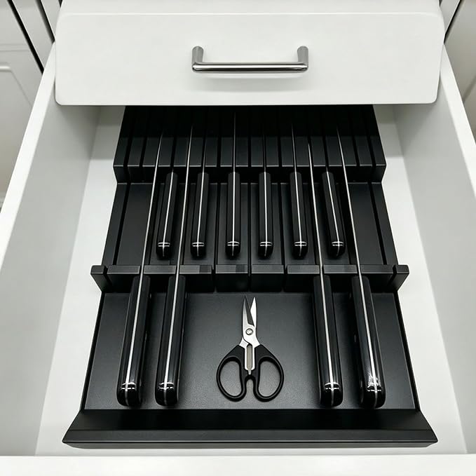 Black Painted Bamboo In-Drawer Knife Block, 17 Slot Large Capacity Knife Organizer, Upper and Lower Kitchen Steak Knife Storage Rack - Holds 8 Short Knives + 9 Long Knives