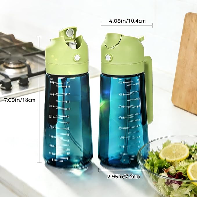Glass Olive Oil Sprayer for Cooking (16oz/470ml), 2 in 1 Olive Oil Dispenser Bottle for Kitchen Gadgets and Air Fryer Accessories, Salad, BBQ - 1-Pack, Blue Green