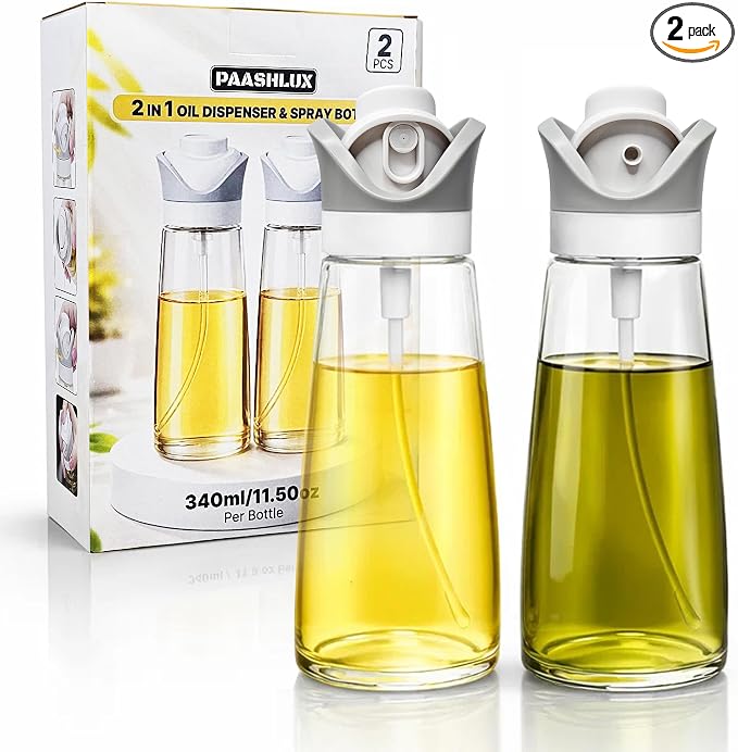 2 In 1 Oil Dispenser And Spray Bottles, Two pack 11.5 Oz Bottles, Glass Olive Oil Sprayer For Cooking, Baking, Air Fryer, Salad And BBQ, Controlled Pour And Spray