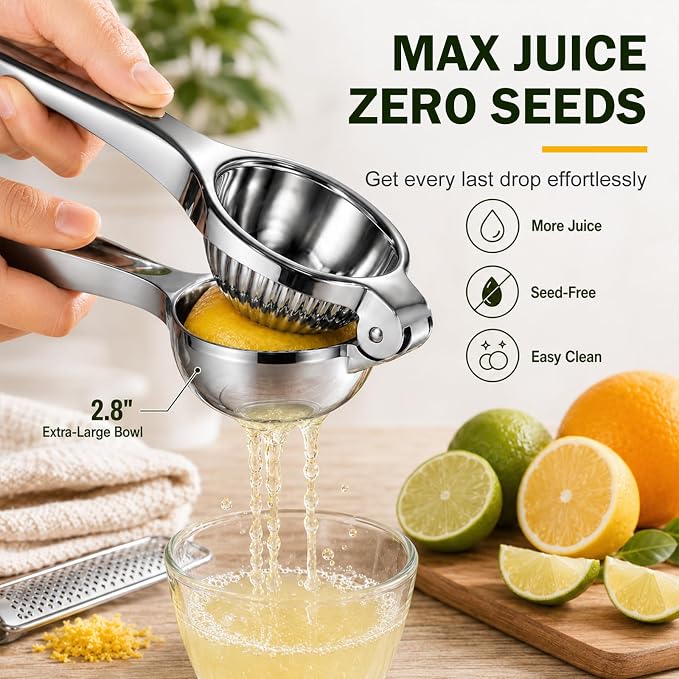 Lemon Squeezer & Zester Set, Large Bowl Stainless Steel Citrus Juicer, Heavy Duty Handheld Lime Press with Seed Filter, Lime Juicer and Citrus Grater for Cocktails, Cooking & Cheese