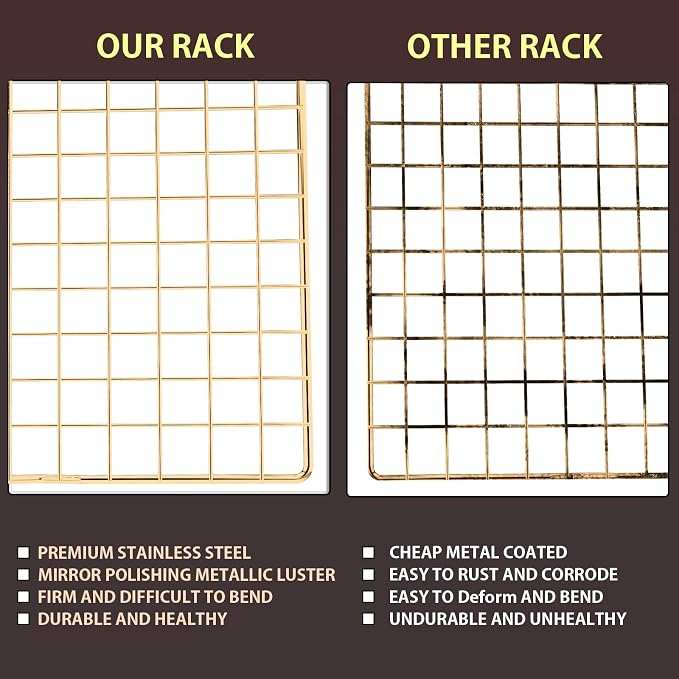 Cooling Rack for Baking, 2-Pack 16x10 Inches Baking Rack, Thick Wire Cookie Rack for Cooking, Roasting, Grilling, Drying, Oven Safe, Fits Half Sheet Pan, Gold