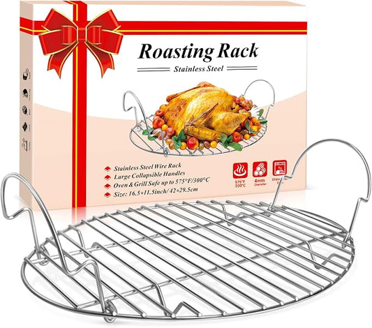 DePango 16.5inch Oval Roasting Rack for Oven, Thanksgiving Christmas Gifts for Mom Men Wife Cooking Home Chefs, Stainless Steel Cooling Rack with Handle, Wire Rack for Cooking, Grilling, Drying