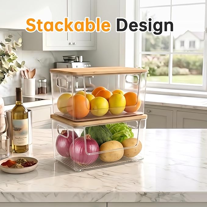Trash Bag Holder 2 Pack, Stackable Garbage Bag Dispenser with Bamboo Lid, Large Capacity Under Sink Organizer for 13/30/33 Gallon Bags, Clear Storage Bins for Kitchen, Laundry Room, Pantry, Cabinet