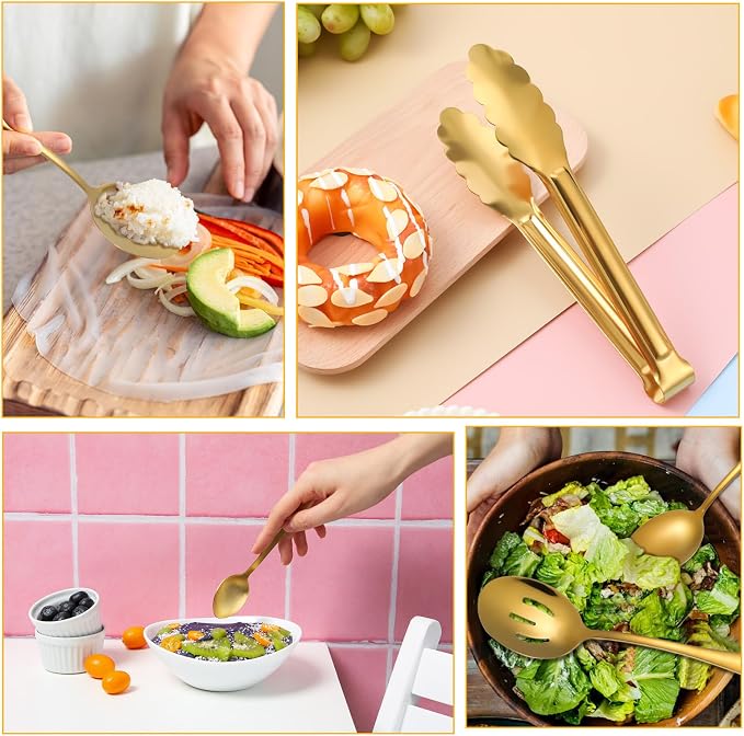 12 PCS Gold Stainless Steel Serving Utensils Sets - Large Serving Spoons,Slotted Spoons,Serving Tongs,Appetizer Tongs,Utensils Sets for Buffet Catering Banquet Party (Gold)