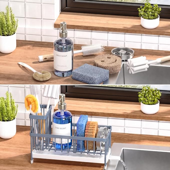 Cisily Sponge Holder for Kitchen Sink, Sink Caddy Organizer with High Brush Holder, Kitchen Countertop Organizers and Storage Essentials, Rustproof 304 Stainless Steel (Gray Blue, 9.25″)