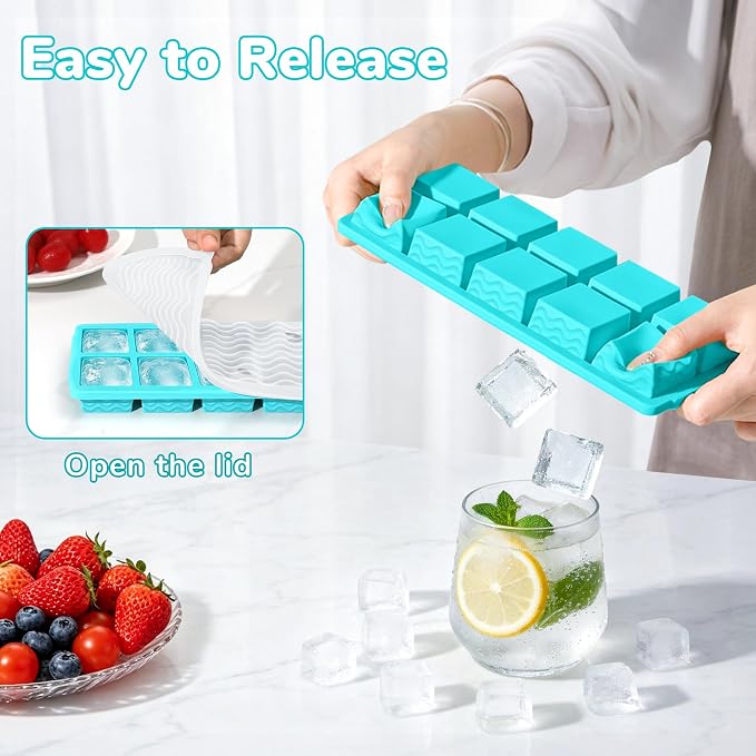 Doasuwish Ice Cube Trays for Freezer with Lids, 2-Tbsp 10-Cube Square Ice Trays, Dishwasher Safe, Covered Ice Molds for Iced Coffee & Cocktails, Freeze 30mL/15mL Portions -2 Pack