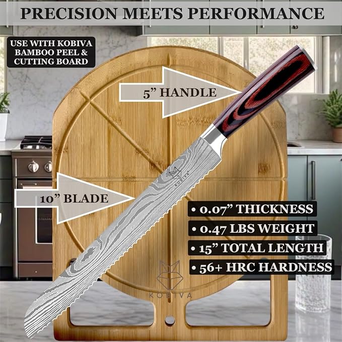 Premium 10-inch Serrated Bread Knife | Razor Sharp Cutter for Homemade Bread, Sourdough & Cake | Elegant Kitchen Essential for Effortless Slicing, Damascus Steel Lasered Pattern | Kitchen Gifts | Ultra-sharp serrated edge for sourdough, bagels, cakes. ...