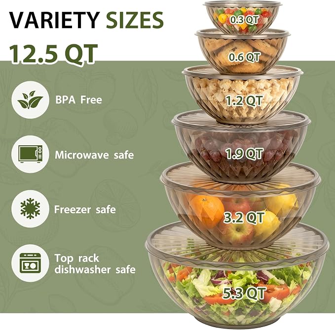 Plastic Mixing Bowls with Lids, 6 Piece Nesting Bowls Set for Kitchen | One-Press Lids, Meal Prep, Salad Mixing, Serving, Storing, Dishwasher & Microwave Safe, 5.3/3.2/1.9/1.2/ 0.6/0.3 QT