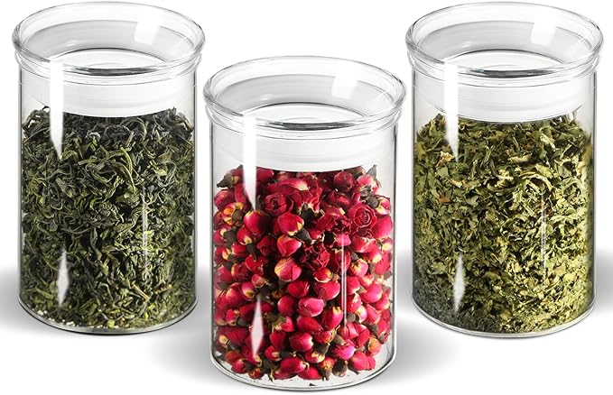 ZENS 15oz Airtight Glass Jars Set of 3, Small Food Container Spice Jars | Thick Borosilicate Clear Glass Kitchen Canisters with Airtight Lids for Herbs, Loose Tea Storage Jars