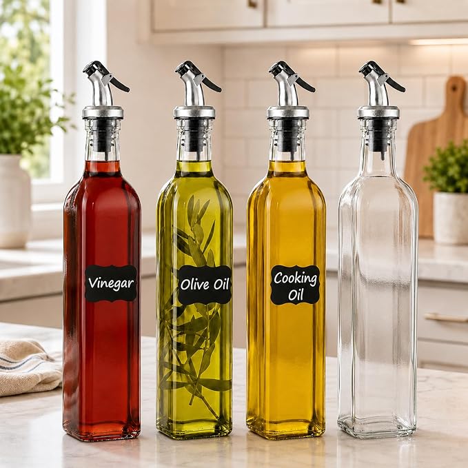 WERTIOO Oil Bottles for Kitchen 4 Pack, 17oz Oil and Vinegar Dispenser Set | 500ml Olive Oil Dispenser Bottle for Kitchen, with 4 Plastic Pourer, 2 Stainless Steel Funnel, Pen and Label