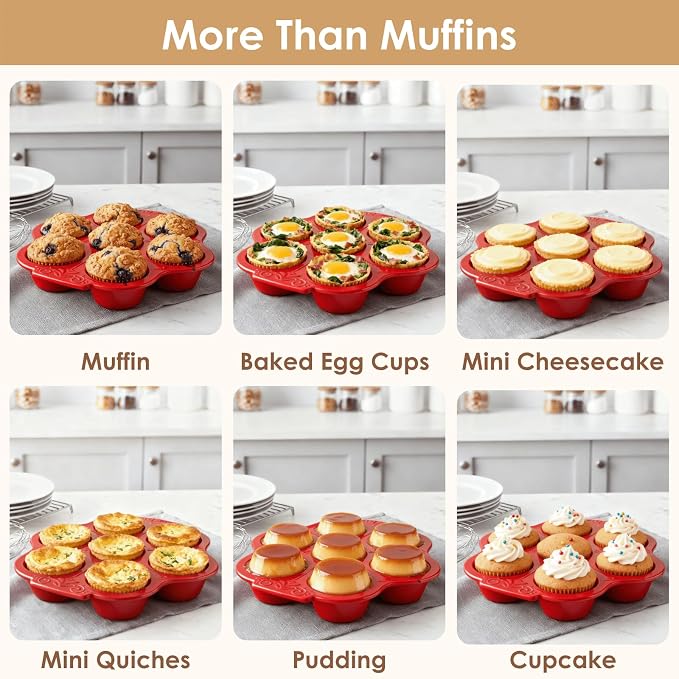 Youeon 2 Pack Red Ceramic Muffin Pans, 7 Cup Nonstick Cupcake Baking Pans with Floral Handles, Oven & Dishwasher Safe Muffin Tins for Muffins, Cupcakes, Mini Cheesecakes, Holiday Baking Gift