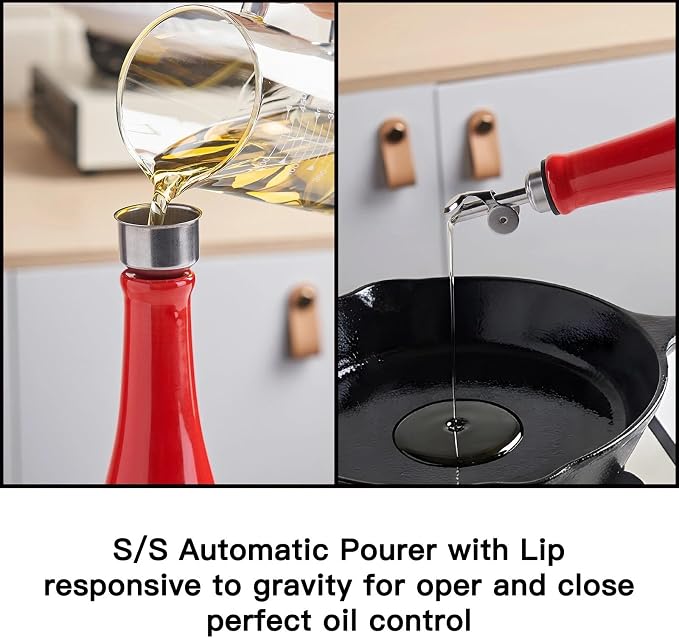 YOLIFE Olive Oil Dispenser Bottle, 17oz/500ml Ceramic Oil Bottle (Red) | Oil Dispenser with Gravity Spout, Leak Proof EVOO Dispensing Bottle with 2 Spouts and 1 Funnel for Vinegar, Kitchen