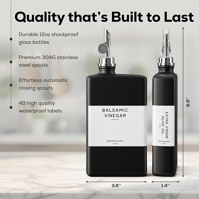 Black Glass Olive Oil Dispenser Bottle for Kitchen by Brighter Barns - Soy Sauce Dispenser, Coffee Syrup Bottle - Kitchen Decor for Restaurant, Airbnb, Coffee Bar Accessories (Black/Silver, Set of 2)