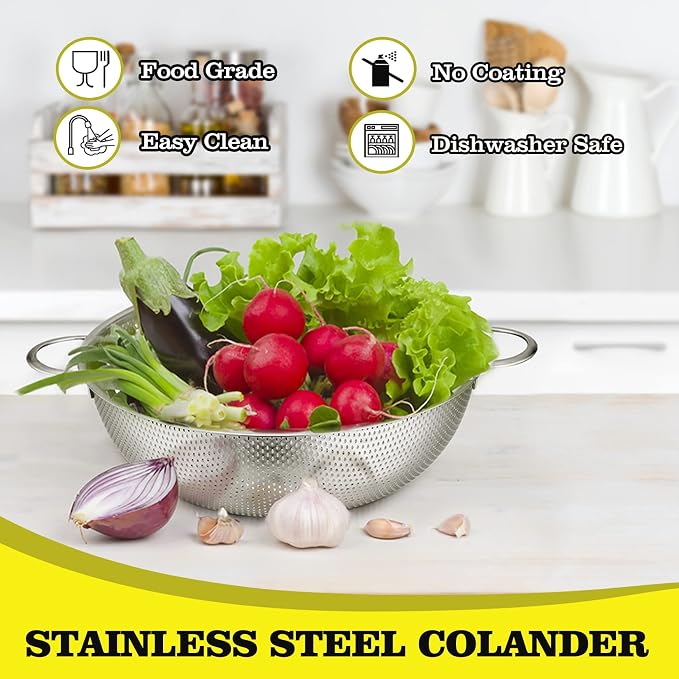 P&P CHEF Stainless Steel Colander, Micro-Perforated Food Strainer with Handle for Washing Draining, Great for Pasta Fruits Vegetables, Dishwasher Safe & Healthy, 1 +3 Qt, 2Pcs