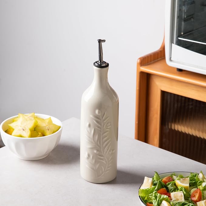 Sweejar Large Olive Oil Dispenser Bottle with Spout, 24 Oz Ceramic Oil Dispenser for Kitchen, Relief Opaque Oil Cruet, Oil Container for Cooking, EVOO, Avocado Oil, Vinegar, Pack of 1 (Beige)