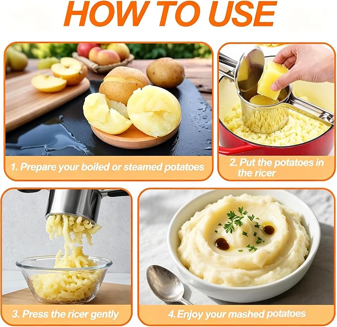 Potato Ricer Stainless Steel, 15 oz Heavy Duty Potato Masher with 4 Interchangeable Discs, Large Capacity Smooth Mashed Potatoes Press, Easy to Clean Kitchen Tool