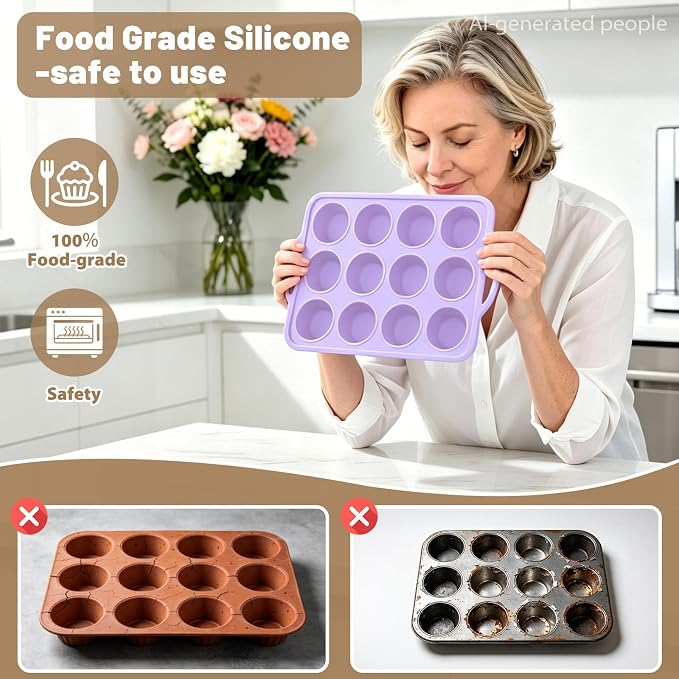 Silicone Muffin Pan Set: Non Stick 12 & 24 Silicone Muffin Pans for Baking Easy Release - Complete Shaping Each Use Avoid Re-baking - BPA-free Cupcake Tin Reinforced Frame for Oven Home Bakers