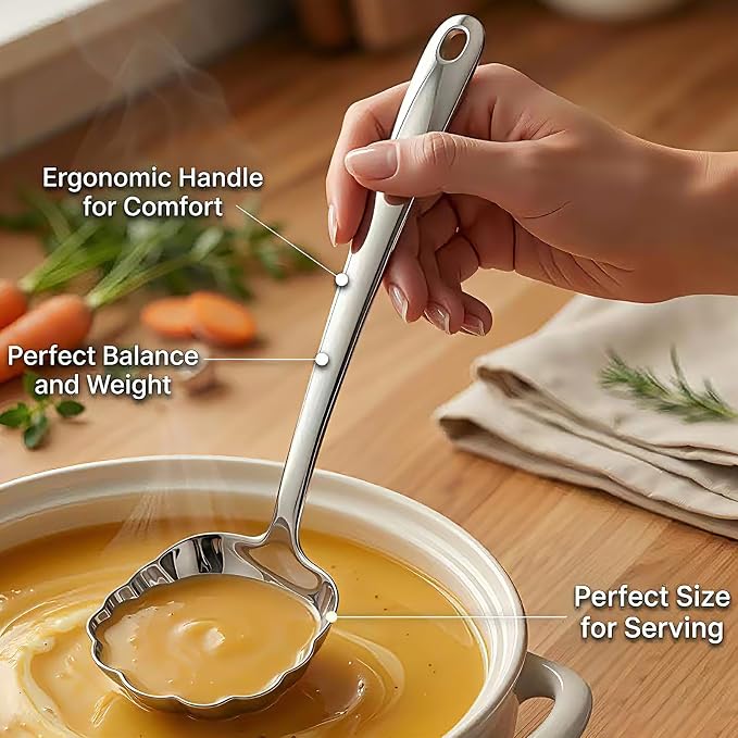 18/10 Stainless Steel Soup Ladle,9-Inch Artistic Shell-Shaped Serving Spoons with Creative Wave Edges,Mirror Polished Small Gravy Ladles for Sauces,Dressings and Party Service(Set of 2)(Silver)