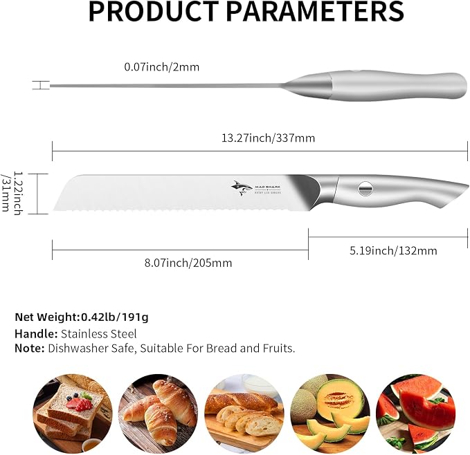 MAD SHARK Bread Knife 8 Inch, Razor Sharp Blade from German Molybdenum-vanadium Steel, Professional Serrated Bread Knife for Homemade Bread, Sourdough Cutting (8 inch)