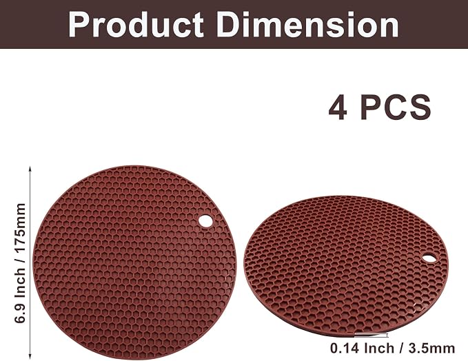 4 Pack Round Silicone Trivet Mats, Coffee | Heat Resistant Pad, For Pots, For Bowls, For Countertops
