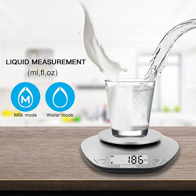 BAGAIL Digital Kitchen Food Scale with Stainless Steel Bowl, 11lb/5kg | 7 Weight Units, Large Clear Display, Gram Scale, For Baking & Cooking, Wet and Dry Ingredients, Batteries Included