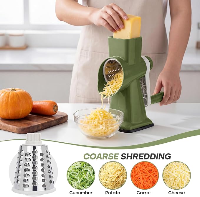 Rotary Cheese Grater,Cheese Shredder Hand Crank, Manual Cheese Grater for Veggies, 3-Blade Grater, Home Kitchen Appliances and Kitchen Gadgets (Green)