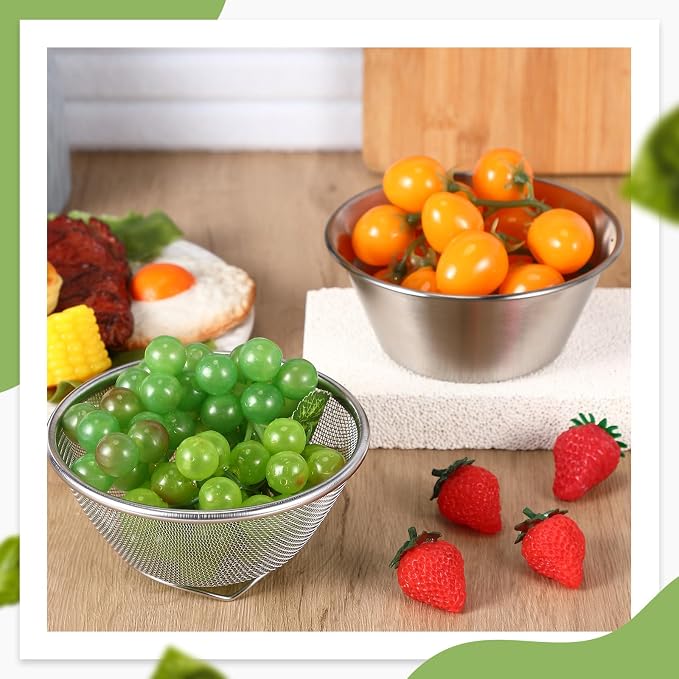 Baderke Mini Colander & Food Strainer 304 Stainless Steel Small Mixing Colanders Bowl Rice Strainer for Kitchen Cooking Fruit Washing Vegetable (6.3 x 2.76 Inches,Silvery,4 Pcs)