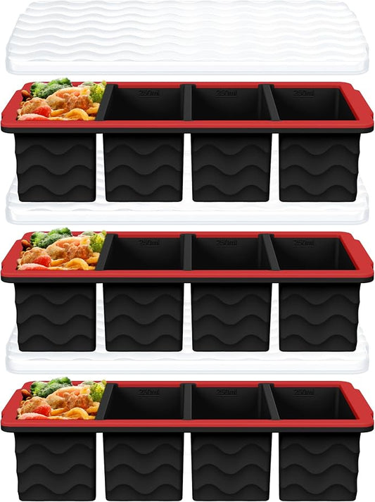 3-Pack Silicone Freezer Trays with Lid, Soup Freezer Container Molds, Silicone Freezer Molds, Ice Cube Tray for freezing Soup Sauce Broth Leftovers, Dishwasher & Oven Safe (1-cup,red)