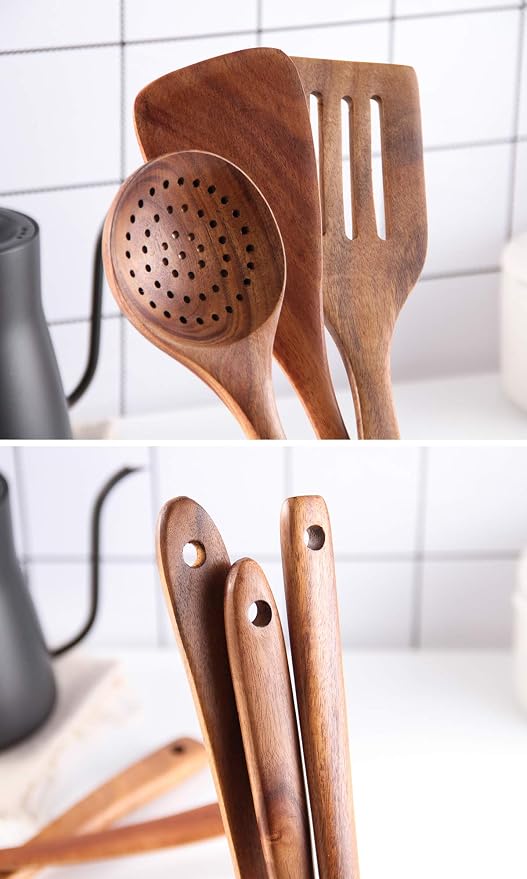 6Pcs Wooden Spoons for Cooking, Wood Kitchen Utensil Set with Holder, Natural Acacia Wood, Heat Resistant, Non-Stick, Wooden Cooking Utensils Set for Mom, Wife Cooking Gifts