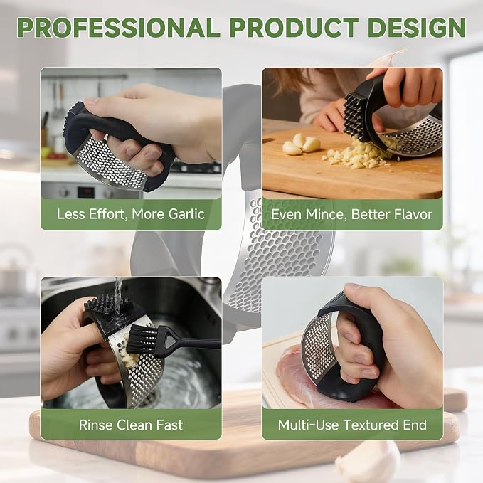 Garlic Press Rocker 304 Stainless Steel Garlic Mincer Crusher Easy to Clean Dishwasher Safe Textured End for Light Tenderizing, with Silicone Peeler and Cleaning Brush (Blue)