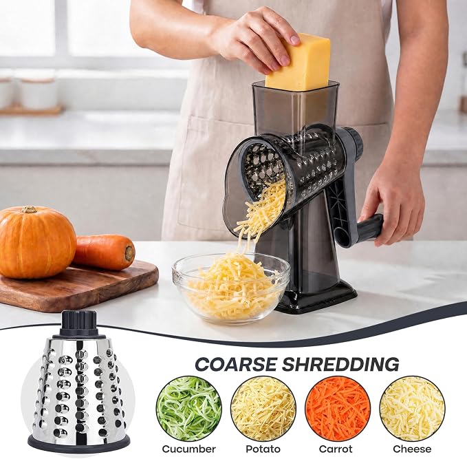 Rotary Cheese Grater,Cheese Shredder Hand Crank, Manual Cheese Grater for Veggies, 3-Blade Grater, Home Kitchen Appliances and Kitchen Gadgets (Black)