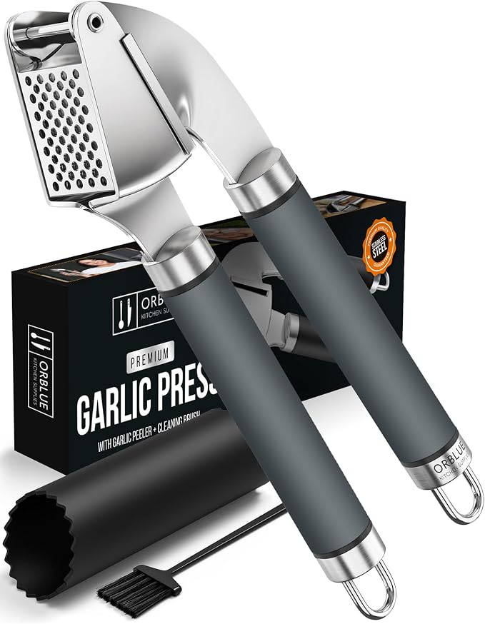 ORBLUE Garlic Press and Peeler Set, Stainless Steel - Professional Grade Mincer, Crusher - Dishwasher Safe & Rust-proof, Gray