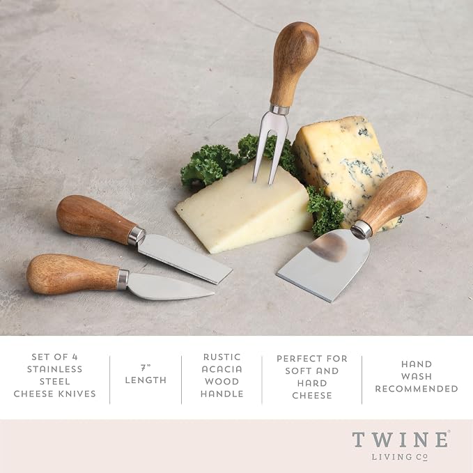 Twine Gourmet Cheese Knives - Stainless Steel Knife Set - Charcuterie Tools Cheese Board Accessories - Stainless Steel and Wood, Set of 4