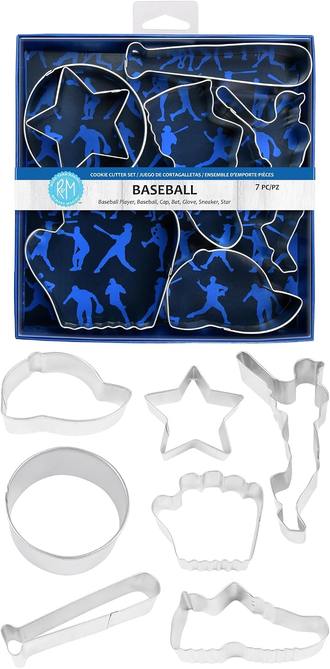 R&M International Baseball Cookie Cutters, Bat, Hat, Ball, Player, Glove, Star, Sneaker, 7-Piece Set,Silver