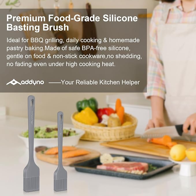 Silicone Basting Brush Set, 2-Pack Food-Grade BPA-Free Pastry Brush, 446°F Heat Resistant with Reinforced Inner Core, One-Piece Design for BBQ, Grilling, Baking, Butter, Marinades & Oil (Gray)