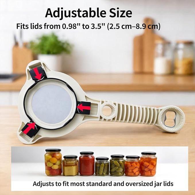 Jar Opener for Weak Hands, Seniors with Arthritis, 4-in-1 Multi-Purpose Lid Opener Includes Magnetic Hook & Rubber Gripper for Jars, Bottles and Beer Caps (Beige)