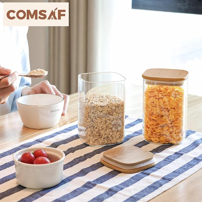ComSaf Square Glass Containers With Lids 1.2 Qt, Set of 4 Pantry Galss Jars | Kitchen Glass Pantry Storage Containers, Storage Canisters, Silicone Seal, Dry Food, Cookie, Flour, Spice, Coffee, BPA Free
