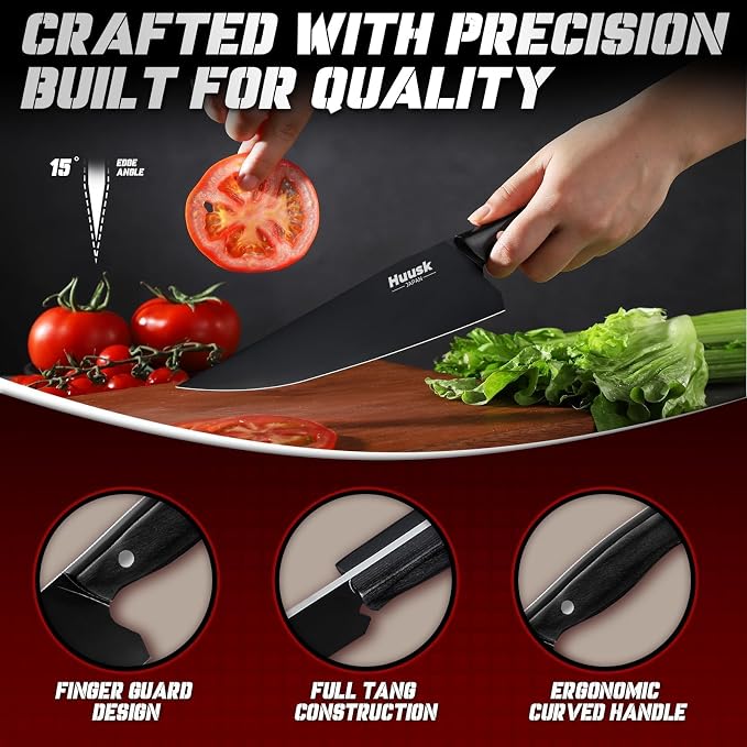 Huusk Japanese Chef Knife for Kitchen - 8in Stainless Kitchen Knife with Black Titanium Coating, All Purpose Cooking Knives for Vegetable & Meat Cutting, Ultra Sharp Gyuto Knives, Men's Gift