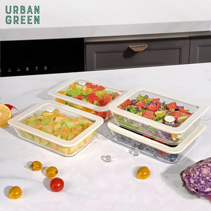 Glass Food Container Set with Glass Lid, 4 Pack, Food Storage Containers Set, Airtight, LeakProof, 100% Plastic Free, Meal Prep Containers (White Color)