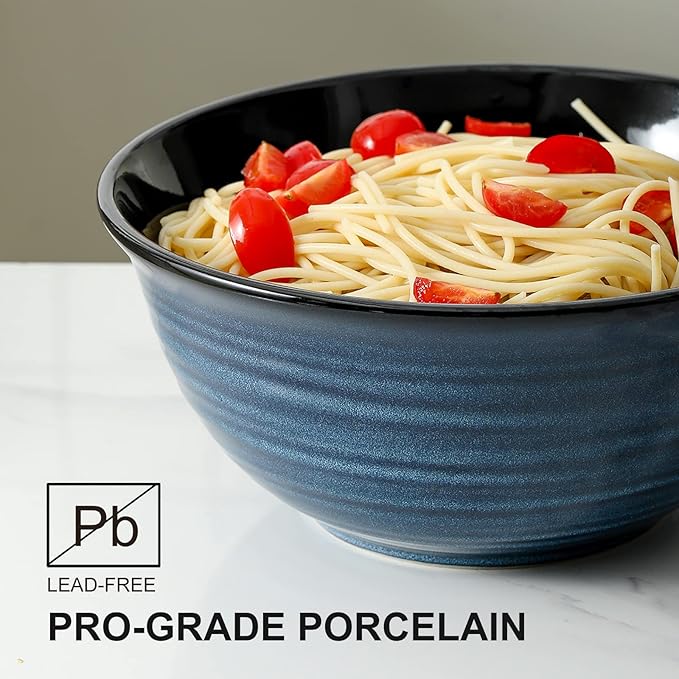 HASENSE Large Serving Bowls, 9 Inch Ceramic Salad Bowls, 84 oz Serving Dishes for Entertaining, Deep Bowl Set Perfect for Soup Pasta Pho Popcorn Fruit, Dishwasher Microwave Safe, Set of 2, Navy Blue